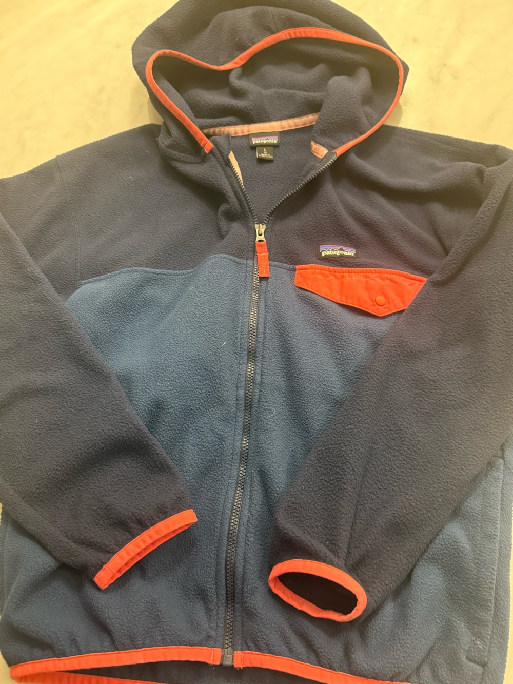 Patagonia Kids Navy Fleece Jacket with Pink Trim Size Large - Has Hood 💗🙌🏻
